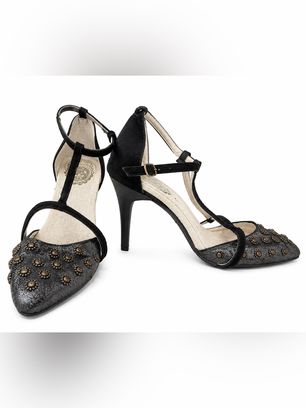 Joyfolie Levanna T-Strap Heels in a distressed gunmetal/black finish